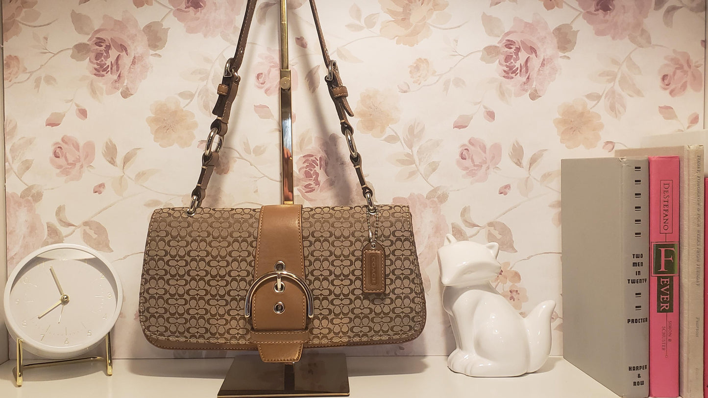Vintage COACH iconic Soho Optic Signature Canvas and leather shoulder buckle flap bag #7075 Y2K