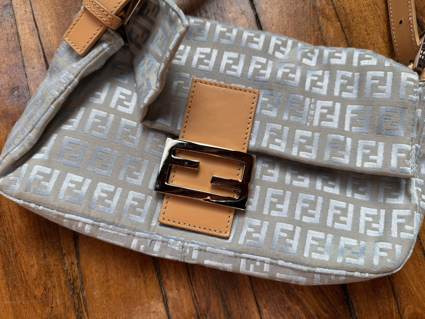 Vintage Y2K FENDI Celeste & Natural Zucchino Canvas Baguette Shoulder Bag Purse