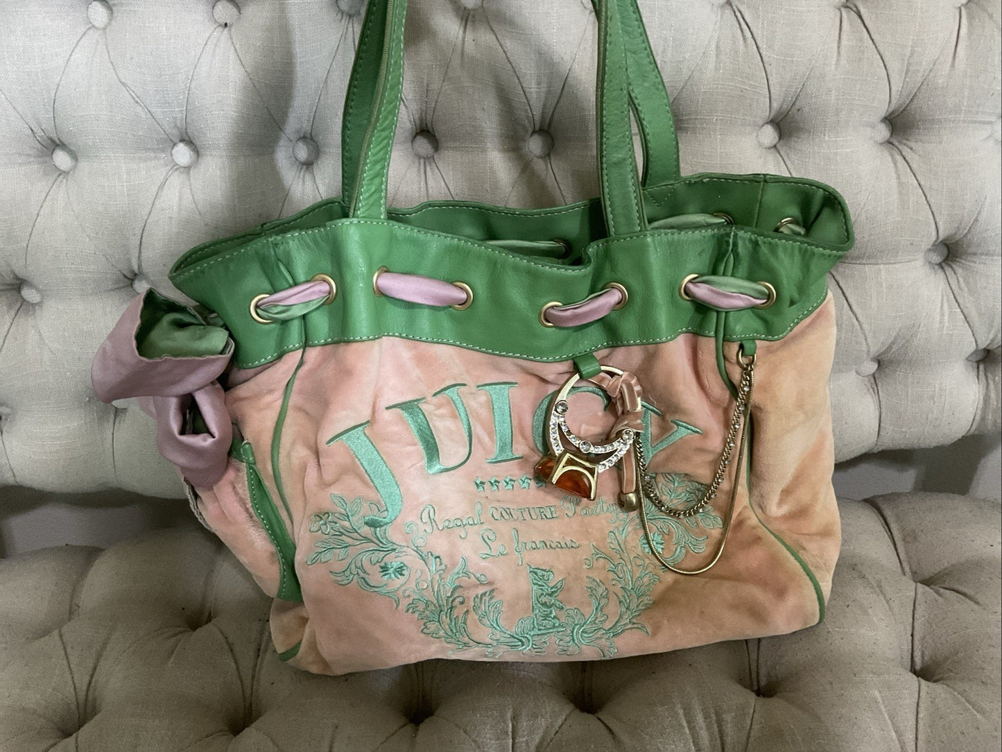 Rare Vintage Juicy Couture Daydreamer Pink and Green Velour bag Y2K
