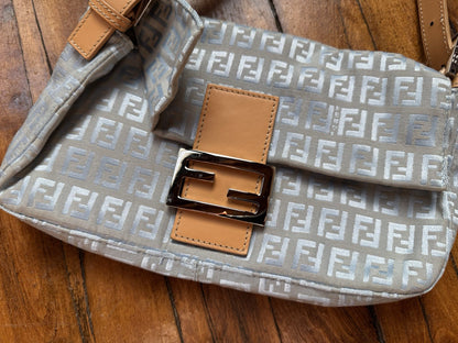 Vintage Y2K FENDI Celeste & Natural Zucchino Canvas Baguette Shoulder Bag Purse