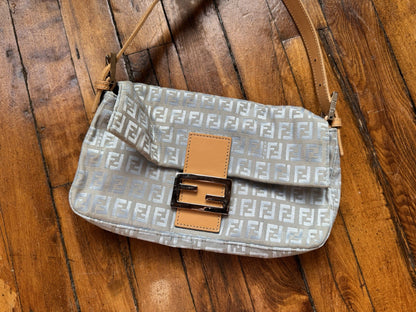 Vintage Y2K FENDI Celeste & Natural Zucchino Canvas Baguette Shoulder Bag Purse
