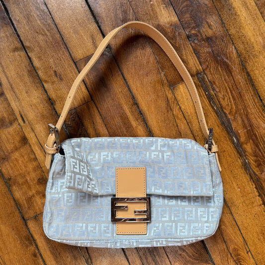Vintage Y2K FENDI Celeste & Natural Zucchino Canvas Baguette Shoulder Bag Purse